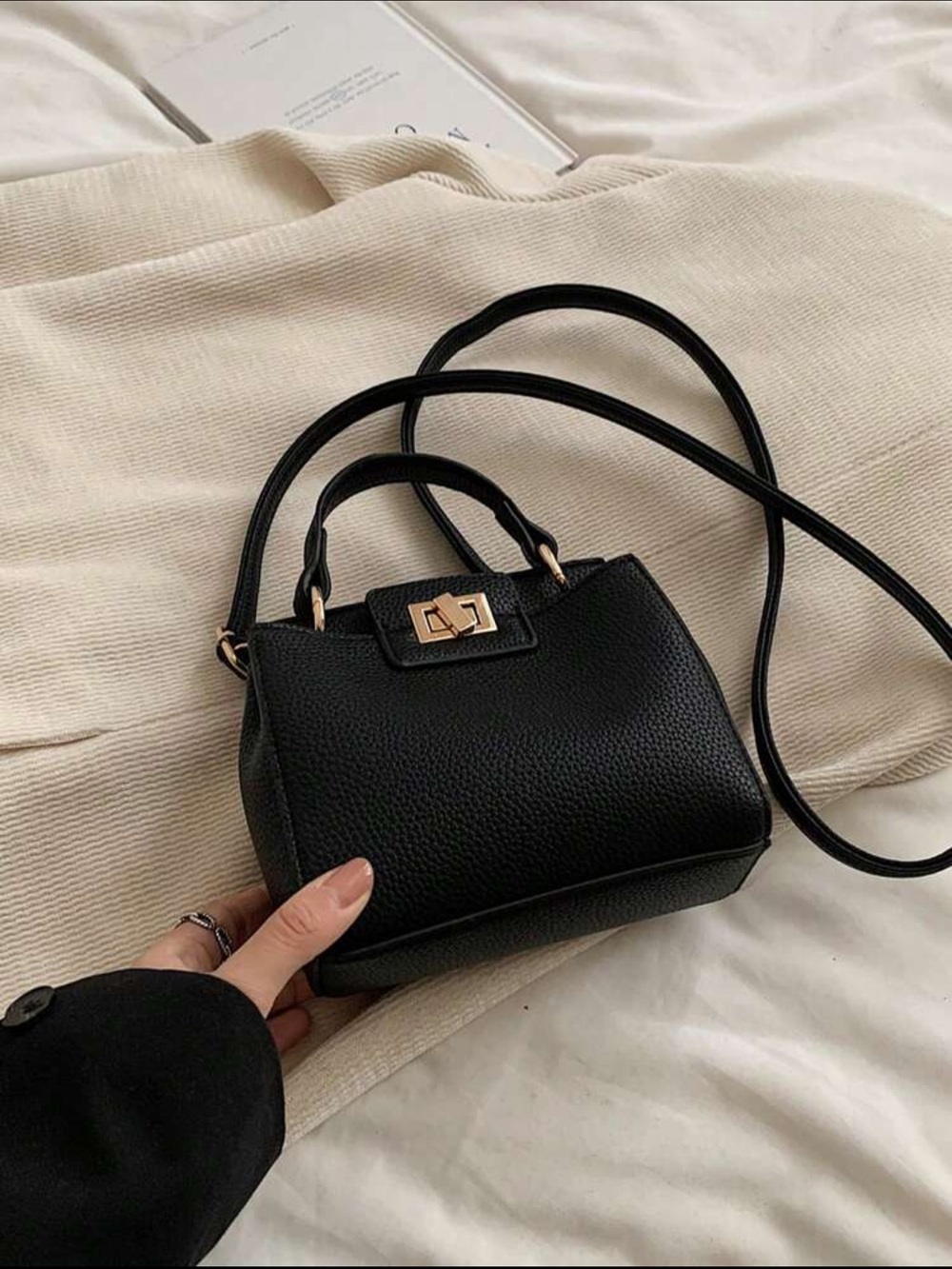 Black Pebbled Leather Top-Handle Crossbody Mini Bag